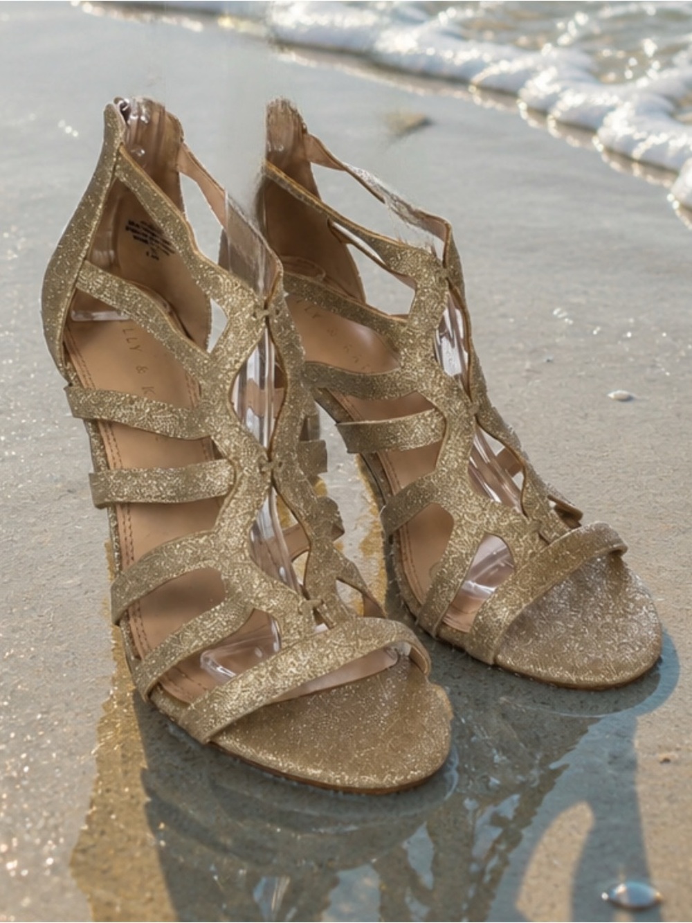 Kelly And Katie Jazelle Strappy Gold Glitter Open Toe High Heel 8.5 New No Box - Picture 12 of 13